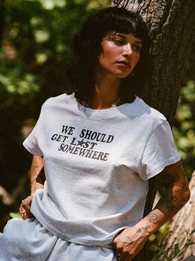 LONELY GHOST White Graphic Crew Tee 'We Should Get Lost Somewhere' NWT